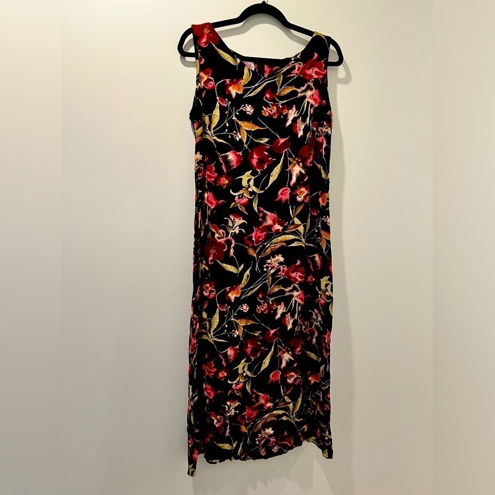 MAGGY LONDON | Black Floral Print Midi Dress Sleeveless Size 10